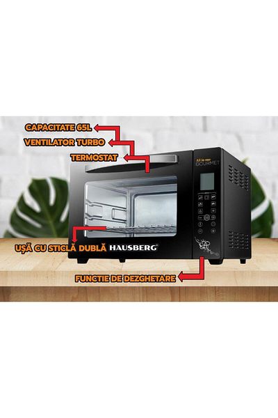 Hausberg Elektrická trouba HB-9265, 2000W, 230 stupňů, objem 65 l, turbo ventilátor, termostat, černá