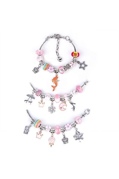 Vittalist Charm Bracelets and Charms Kit, Adjustable Jewelries with Chain, Beads, Necklaces, 60 Pieces, Pink