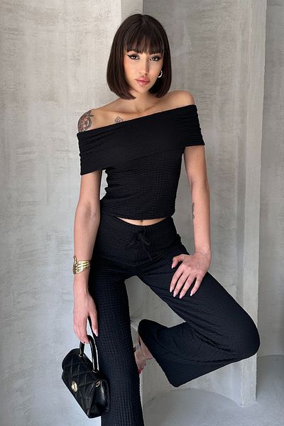 Ey Black Madonna Collar Bubble Bluz Waist Elastic Pants Set