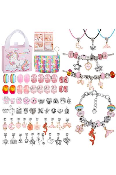 Vittalist Charm Bracelets and Charms Kit, Adjustable Jewelries with Chain, Beads, Necklaces, 60 Pieces, Pink