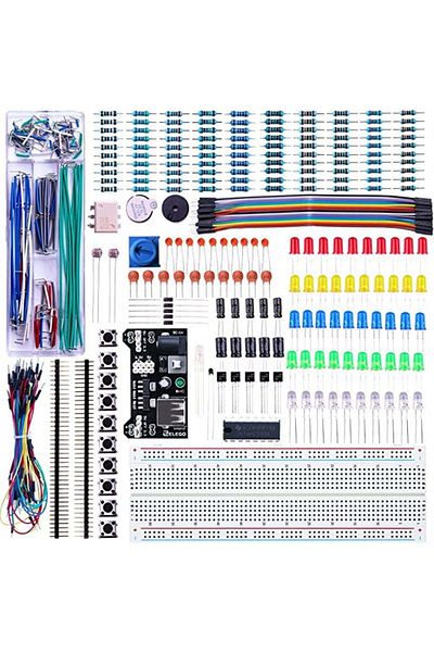 ROBOFUN ELEGOO kit with power supply, cables, potentiometer, breadboard