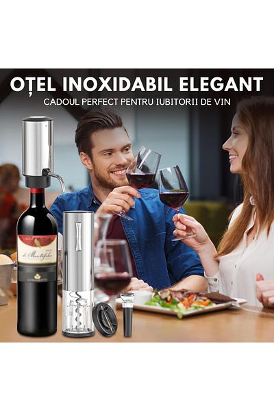 Vittalist Rechargeable Electric Corkscrew, Foil Cutter Accessory, Aerator, Vacuum Pump Stopper, Gray
