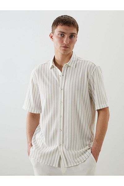 LC Waikiki Beige Regular Fit Short Sleeve Striped Men's Shirt