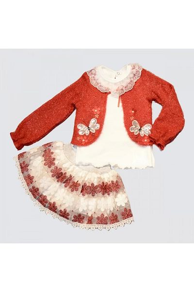 ALFA AKSESUAR 03 1-2-3 Years Old Brode Skirted Knitted Cardigan Long Sleeve Sweat 3-Piece Girl's Set Red
