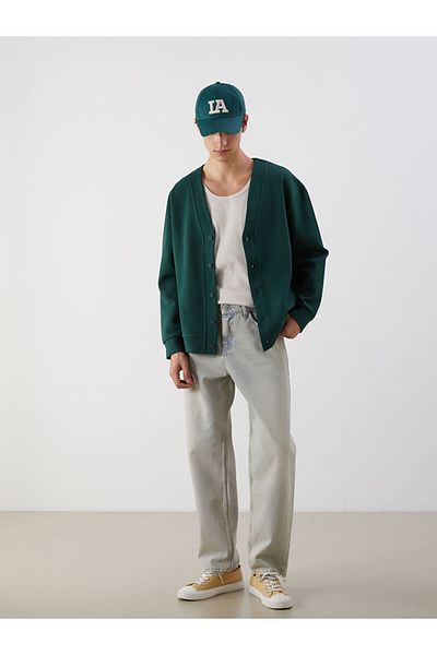 LC Waikiki Xside Green Comfortable Fit V Neck Long Sleeve Men's Cardigan