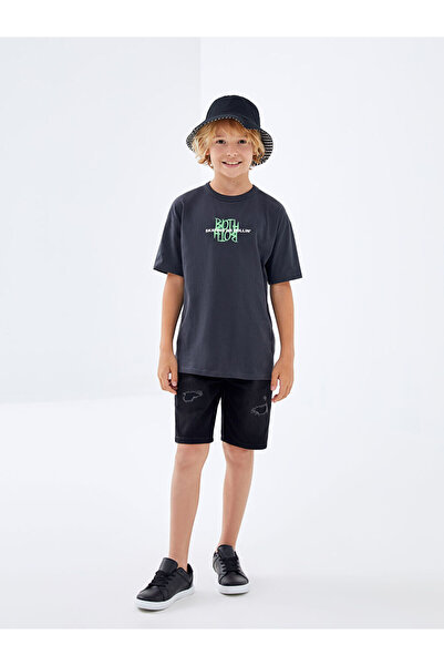 LC Waikiki Black Ripped Detailed Boy's Jean Shorts