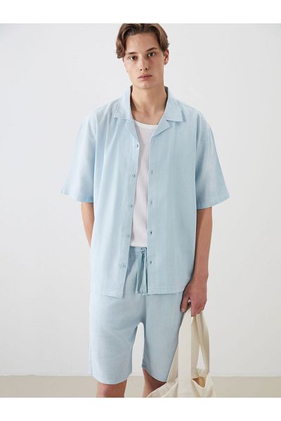 LC Waikiki Xside Blue Relaxed Fit Short Sleeve Linen Look Men's Shirt