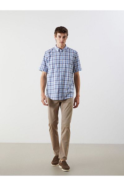 LC Waikiki Indigo Regular Fit Short Sleeve Plaid Men's Shirt