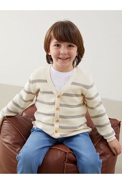 LC Waikiki V-Neck Striped Boy's Knitwear Cardigan