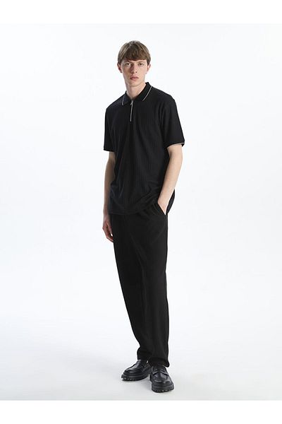 LC Waikiki New Black Polo Neck Men's Textured T-Shirt