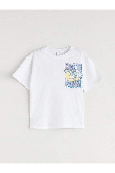 LC Waikiki White Crew Neck Printed Boy's T-Shirt