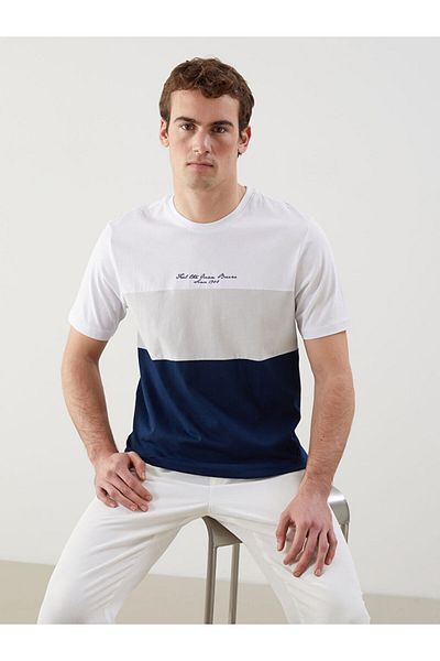 LC Waikiki White Crew Neck Color Block Combed Cotton Men's T-Shirt