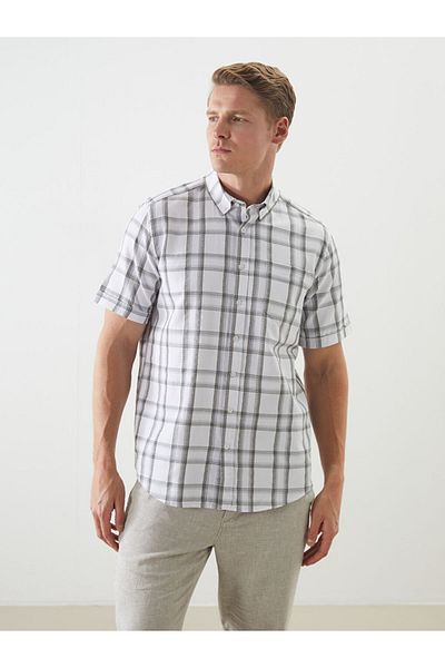LC Waikiki White Regular Fit Short Sleeve Plaid Men's Shirt