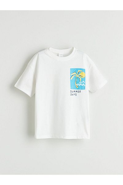 LC Waikiki Ecru Crew Neck Printed Boy's T-Shirt
