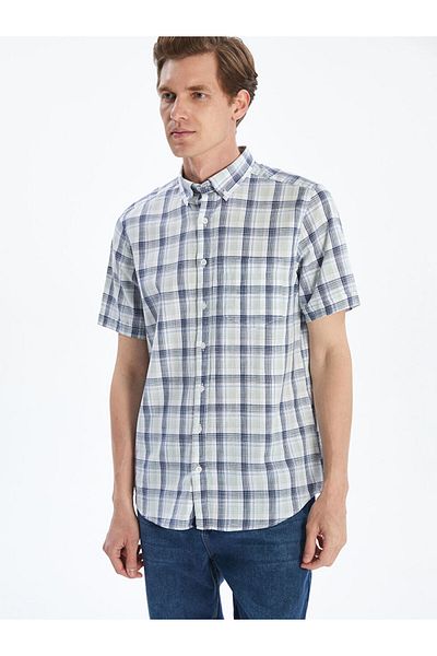 LC Waikiki Indigo Regular Fit Short Sleeve Plaid Men's Shirt