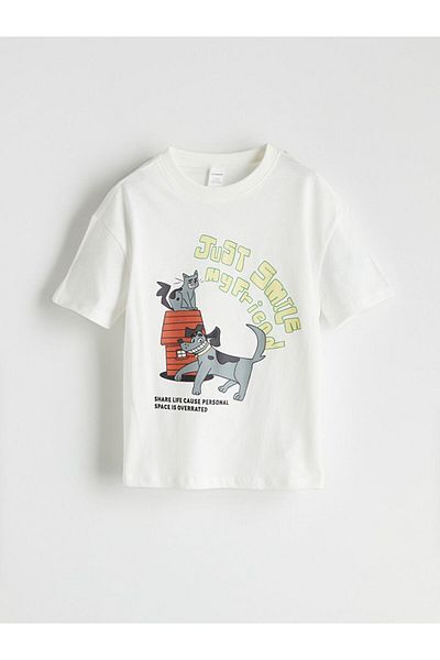 LC Waikiki Ecru Crew Neck Printed Boy's T-Shirt