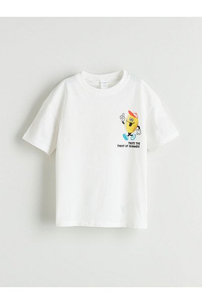 LC Waikiki Ecru Crew Neck Printed Boy's T-Shirt