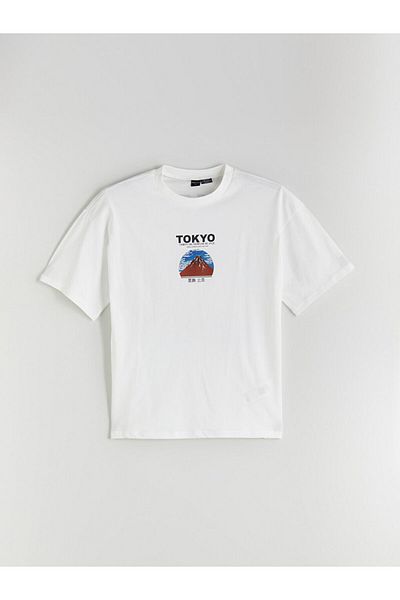 LC Waikiki Ecru Crew Neck Tokyo Printed Young Men's T-Shirt