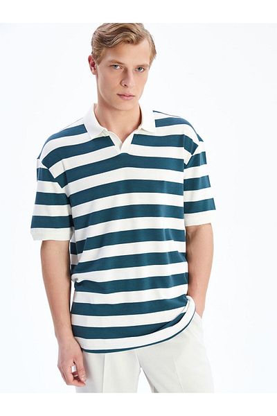LC Waikiki Green Polo Neck Striped Combed Cotton Men's T-Shirt