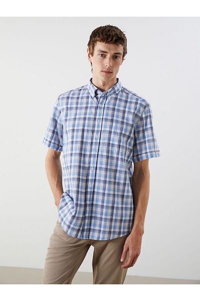 LC Waikiki Indigo Regular Fit Short Sleeve Plaid Men's Shirt