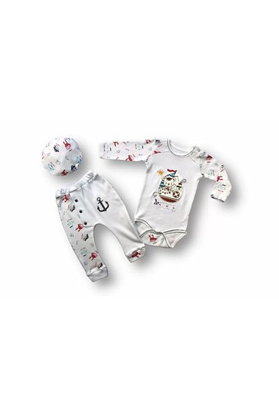 ALFA AKSESUAR 03 3-6 6-9 9-12 Months Little Pirate Embroidered Hat Long Sleeve Bodysuit 3-Piece Girl-Boy Baby Set Ecru
