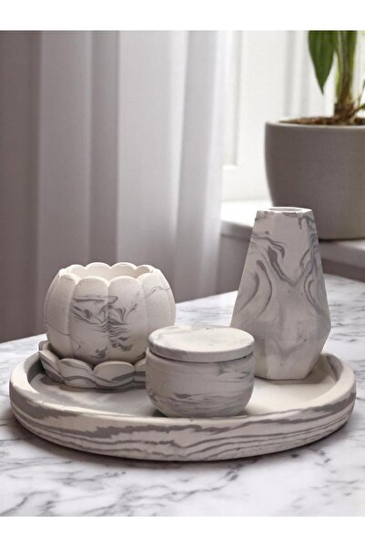Mum ve Parafin Mermer Desenli El Yapımı Beton Dekor Set Taş Tozu Mumluk Büyük...