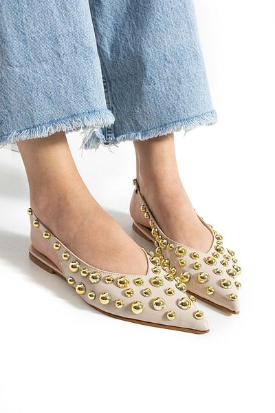 diclepolat Women's Rozi Beige Patent Leather Ballerina Gold Trop Detailed Open Back