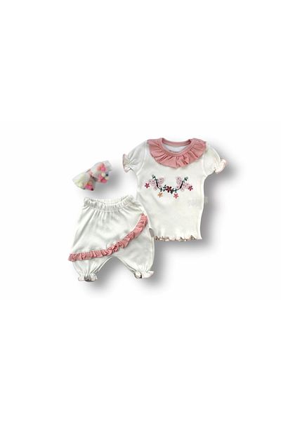 ALFA AKSESUAR 03 6-9 9-12 12-18 Months Floral Embroidered Novel Shalwar Bandana Short Sleeve Sweat 3-Piece Baby Girl Set Powder