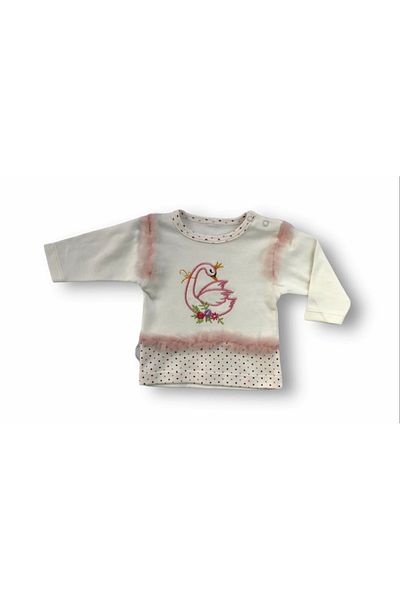 ALFA AKSESUAR 03 3-6 6-9 9-12 Months Queen Swan Embroidered Bandage Long Sleeve Sweatshirt 3-Piece Baby Girl Set Ecru
