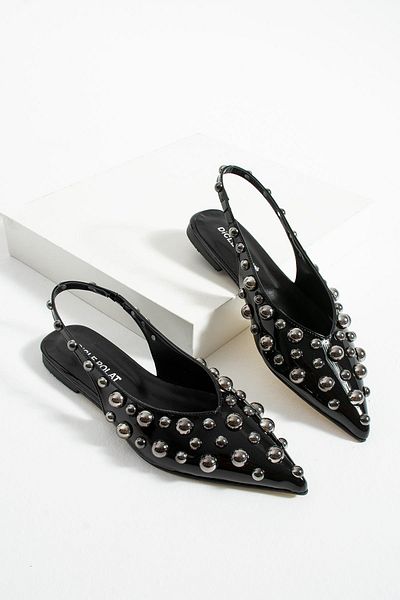 diclepolat Women's Rozi Black Patent Leather Ballerina Platinum Trop Detailed Open Back