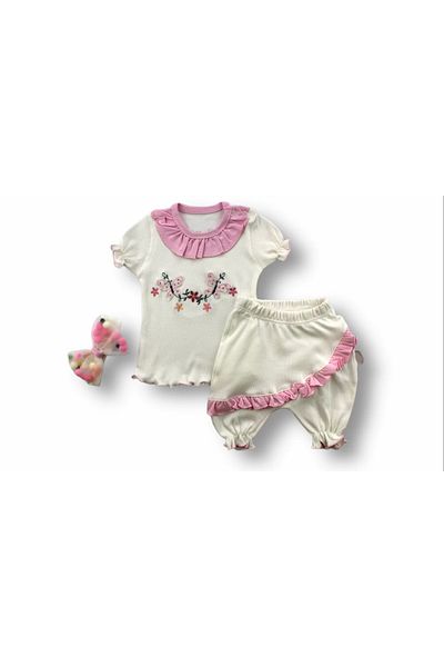 ALFA AKSESUAR 03 6-9 9-12 12-18 Months Floral Embroidered Novel Shalwar Bandana Short Sleeve Sweat 3-Piece Baby Girl Set Pink
