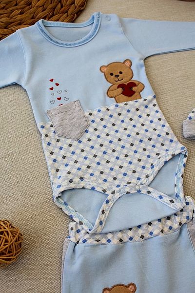 ALFA AKSESUAR 03 3-6 9-12 12-18 Months Romantic Teddy Bear Embroidered Hat Long Sleeve Bodysuit 3-Piece Girl-Boy Baby Set Blue