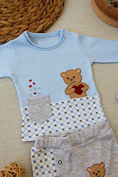 ALFA AKSESUAR 03 3-6 9-12 12-18 Months Romantic Teddy Bear Embroidered Hat Long Sleeve Sweatshirt 3-Piece Girl-Boy Baby Set Blue