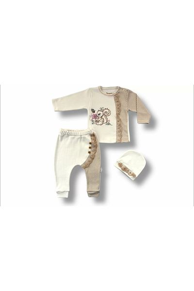 ALFA AKSESUAR 03 3-6 6-9 9-12 Months Tiny Squirrel Embroidered Hat Long Sleeve Sweatshirt 3-Piece Baby Girl Set Brown