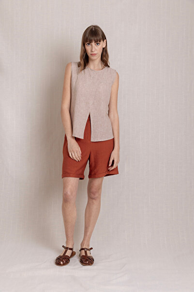 Volanlı Keten Kısa Kollu Yazlık Bluz