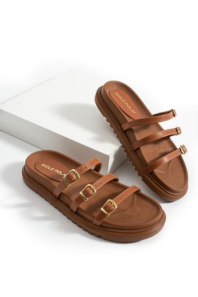 diclepolat Palmeira Women's Buckle Detail Daily Comfort Slippers Brown