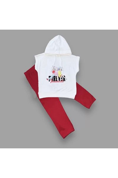 ALFA AKSESUAR 03 3-4-5 Years Old Forever Cici Girls Printed Hooded 2-Piece Girl's Set Red
