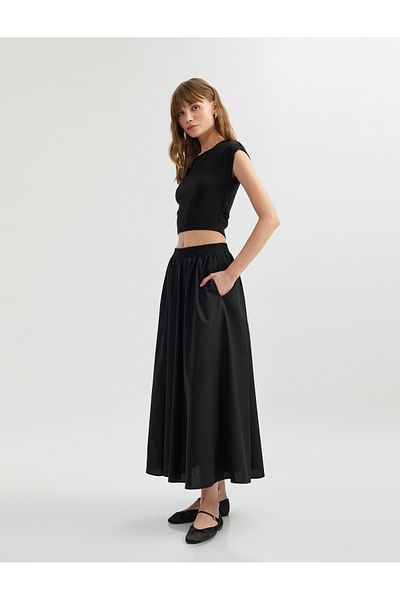 Koton New Season Cotton Poplin Fabric Long Flared Skirt with Elastic Detail and Pockets