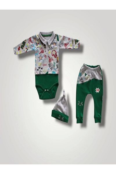 ALFA AKSESUAR 03 6-9 12-18 18-24 Months Power Cat Embroidered Long Sleeve Bodysuit and Hat 3-Piece Baby Girl and Boy Set Green