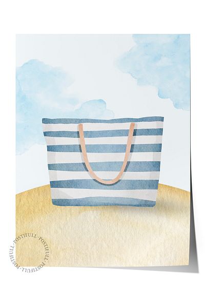 Postifull Frameless Wall Poster, Bag, Watercolor, Minimalist, Blue, Beige Color Poster, 2025 Summer Selection, No: