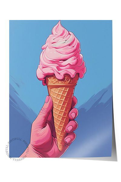 Postifull Frameless Wall Poster, Ice Cream, Cone, Hand, Illustration, Blue Color Poster, 2025 Summer Selection, No: