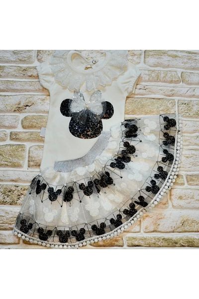 ALFA AKSESUAR 03 1-2-3 Years Old Sequined Mickey Embroidered Short Sleeve Brode Skirt 2-Piece Baby Girl Set Black