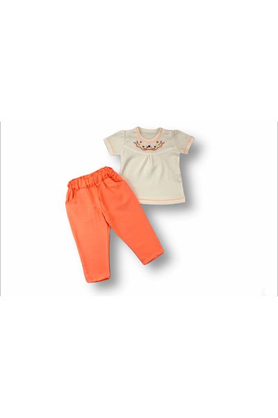 ALFA AKSESUAR 03 3-6 6-9 9-12 12-18 Months Anatolian Flower Embroidered Short Sleeve Sweatshirt 2-Piece Girl Baby Set Orange
