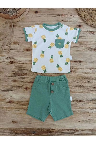 ALFA AKSESUAR 03 3-6 6-9 9-12 Months Pineapple Printed Shorts T-shirt 2 Piece Girl Boy Baby Set Green