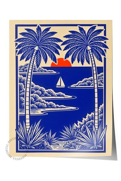 Postifull Frameless Wall Poster, Palm Trees and Sunset, Illustration, Blue Color Poster, 2025 Summer S