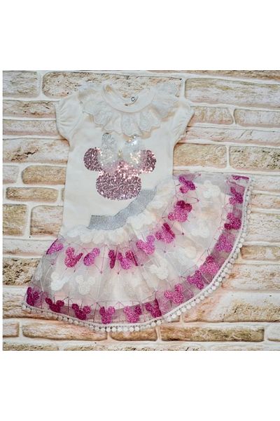 ALFA AKSESUAR 03 1-2-3 Years Old Sequined Mickey Embroidered Short Sleeve Brode Skirt 2-Piece Baby Girl Set Fuchsia
