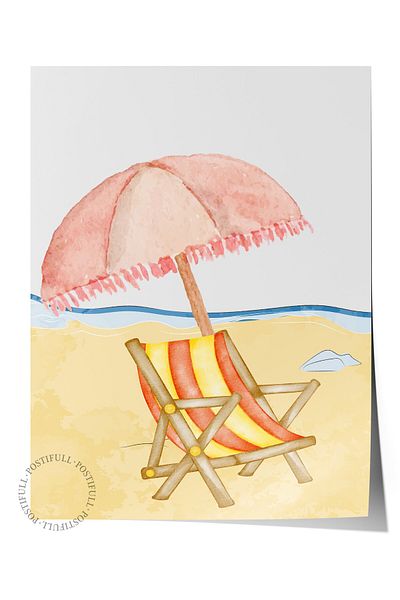 Postifull Frameless Wall Poster, Umbrella, Chair, Beach, Watercolor, Pastel Tones, Beige Color Poster, 2025 Y