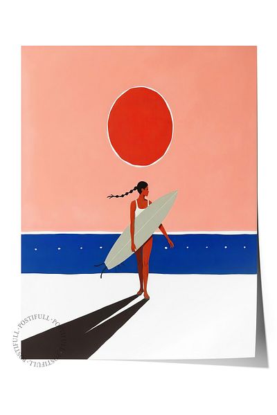 Postifull Frameless Wall Poster, Female Surfer, Illustration, Red Color Poster, 2025 Summer Selection, No:1095