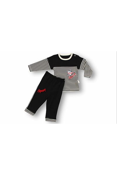 ALFA AKSESUAR 03 6-9 9-12 12-18 18-24 24-36 Months Sport Printed Striped Long Sleeve Sweatshirt 2-Piece Baby Boy Set Black
