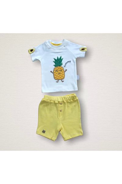 ALFA AKSESUAR 03 6-9 9-12 12-18 Months Pineapple Embroidered Short Sleeve Sweat and Shorts 2 Piece Baby Girl-Boy Set Yellow